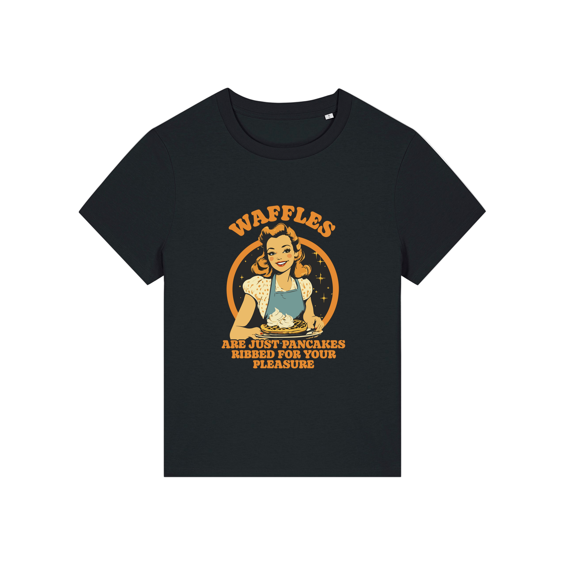 black funny offensive t-shirt with the graphic of a retro housewife and the slogan 'waffles are just pancakes ribbed for your pleasure'