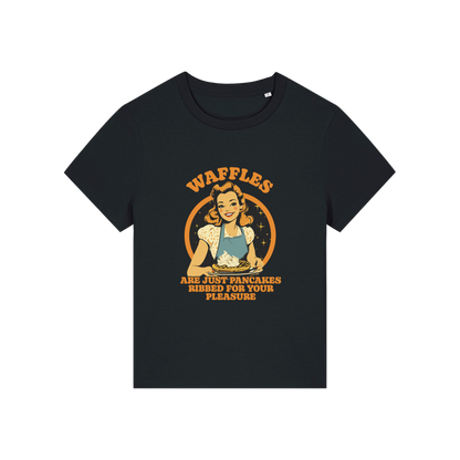 black funny offensive t-shirt with the graphic of a retro housewife and the slogan 'waffles are just pancakes ribbed for your pleasure'