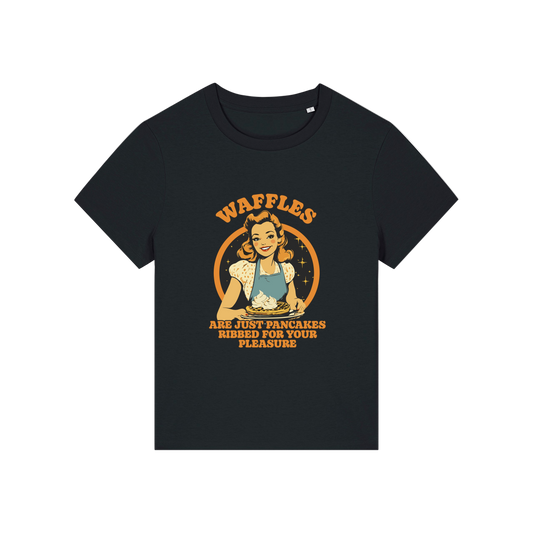 black funny offensive t-shirt with the graphic of a retro housewife and the slogan 'waffles are just pancakes ribbed for your pleasure'