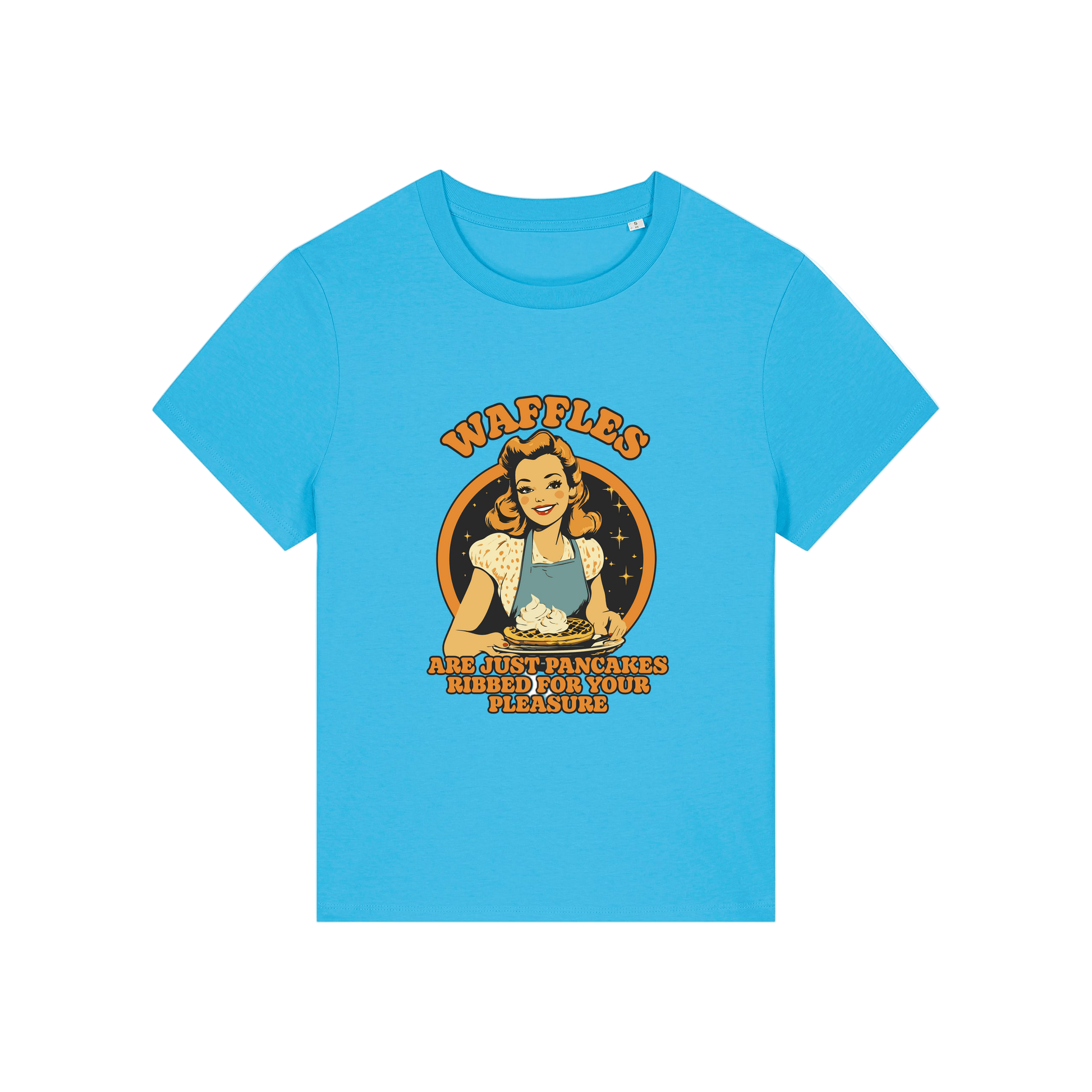 blue funny offensive t-shirt with the graphic of a retro housewife and the slogan 'waffles are just pancakes ribbed for your pleasure'