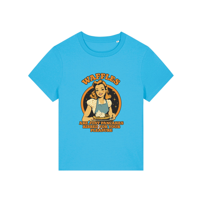 blue funny offensive t-shirt with the graphic of a retro housewife and the slogan 'waffles are just pancakes ribbed for your pleasure'