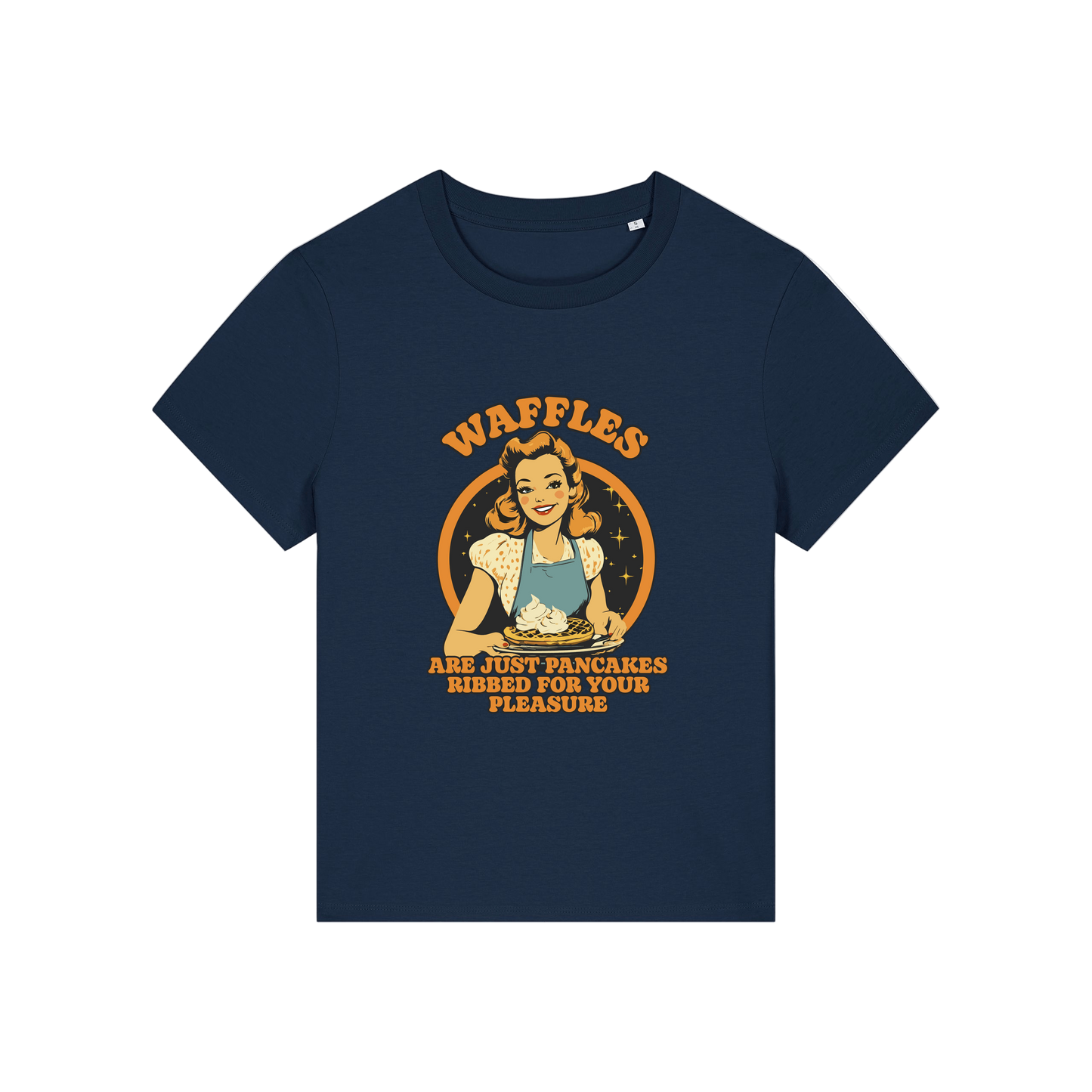 navy funny offensive t-shirt with the graphic of a retro housewife and the slogan 'waffles are just pancakes ribbed for your pleasure'