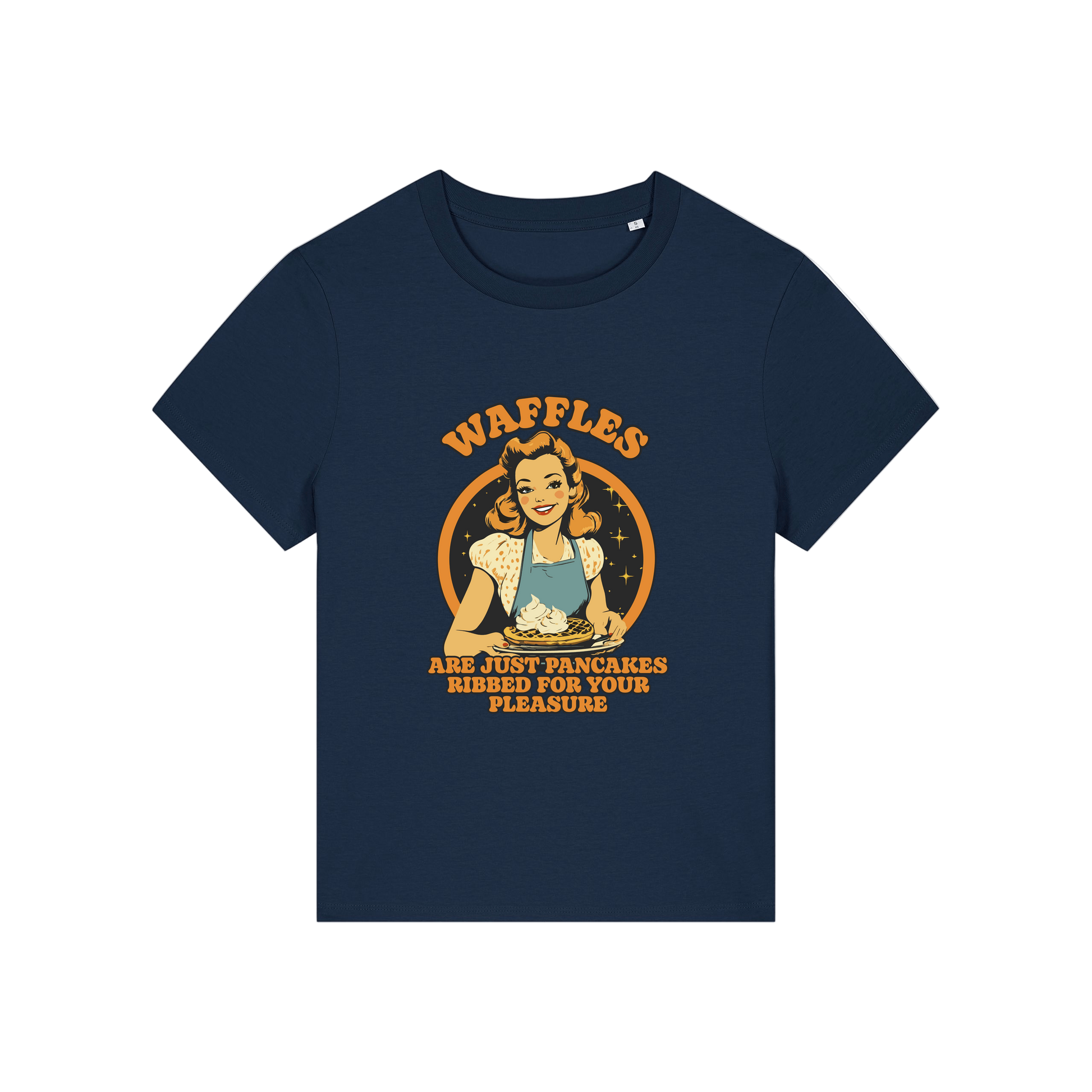 navy funny offensive t-shirt with the graphic of a retro housewife and the slogan 'waffles are just pancakes ribbed for your pleasure'