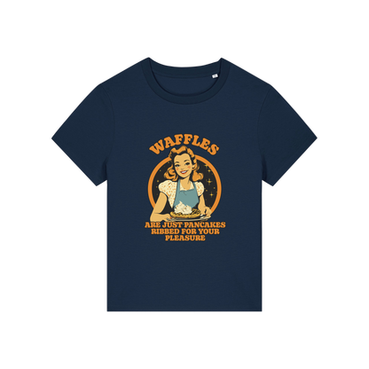 navy funny offensive t-shirt with the graphic of a retro housewife and the slogan 'waffles are just pancakes ribbed for your pleasure'
