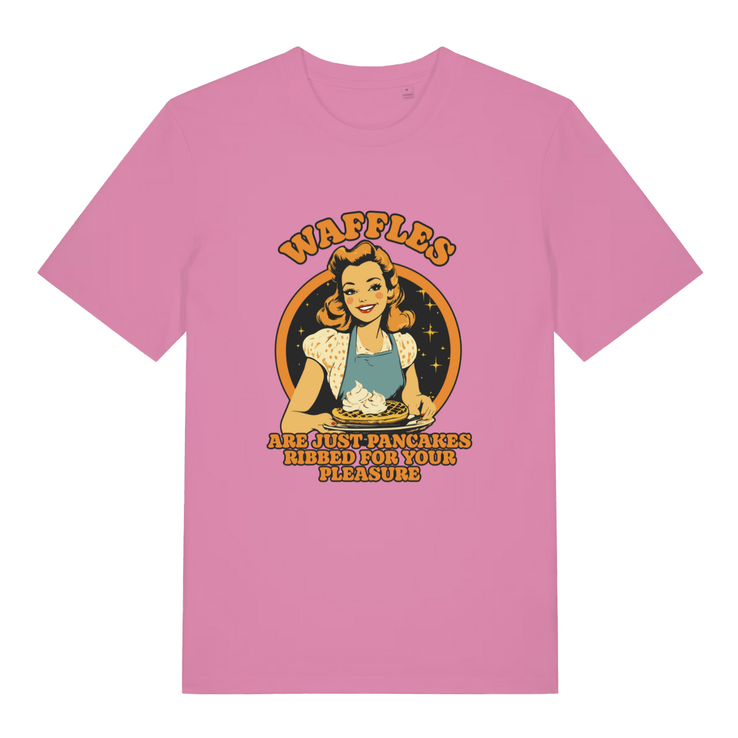 pink women's funny offensive t-shirt with a graphic of a woman making waffles and the slogan 'waffles are just pancakes ribbed for your pleasure'