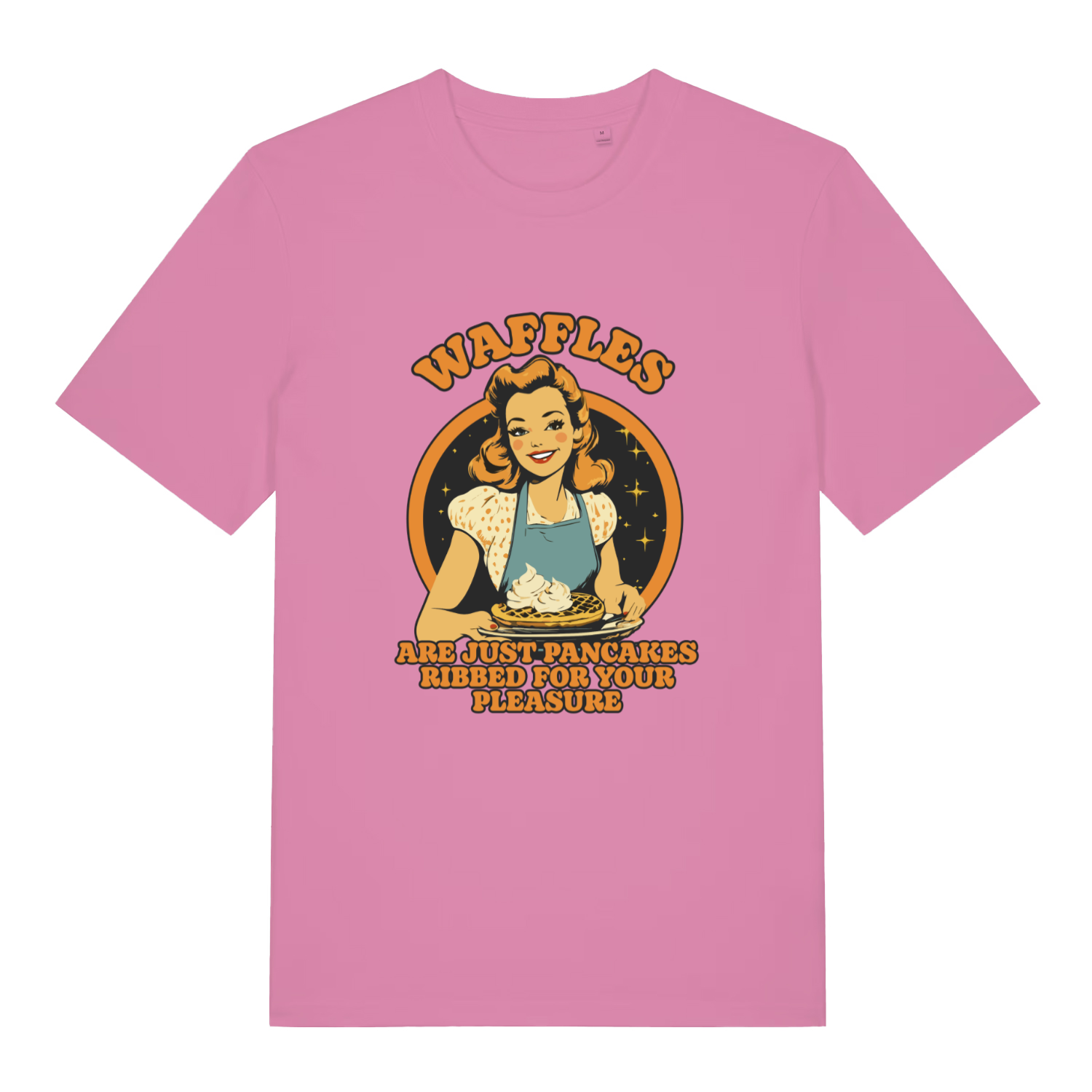 pink women's funny offensive t-shirt with a graphic of a woman making waffles and the slogan 'waffles are just pancakes ribbed for your pleasure'