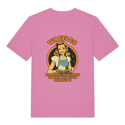 pink women's funny offensive t-shirt with a graphic of a woman making waffles and the slogan 'waffles are just pancakes ribbed for your pleasure'
