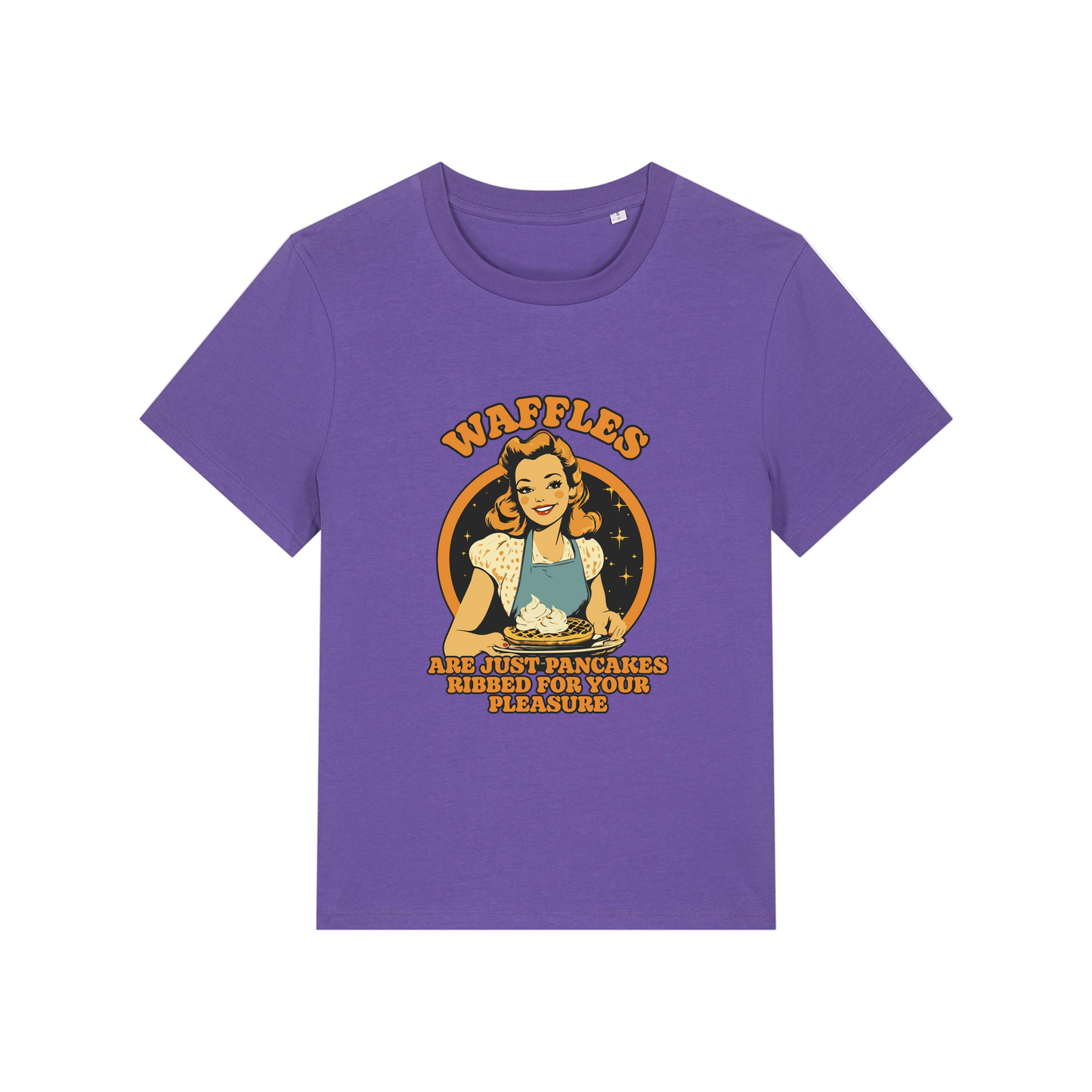 purple funny offensive t-shirt with the graphic of a retro housewife and the slogan 'waffles are just pancakes ribbed for your pleasure'