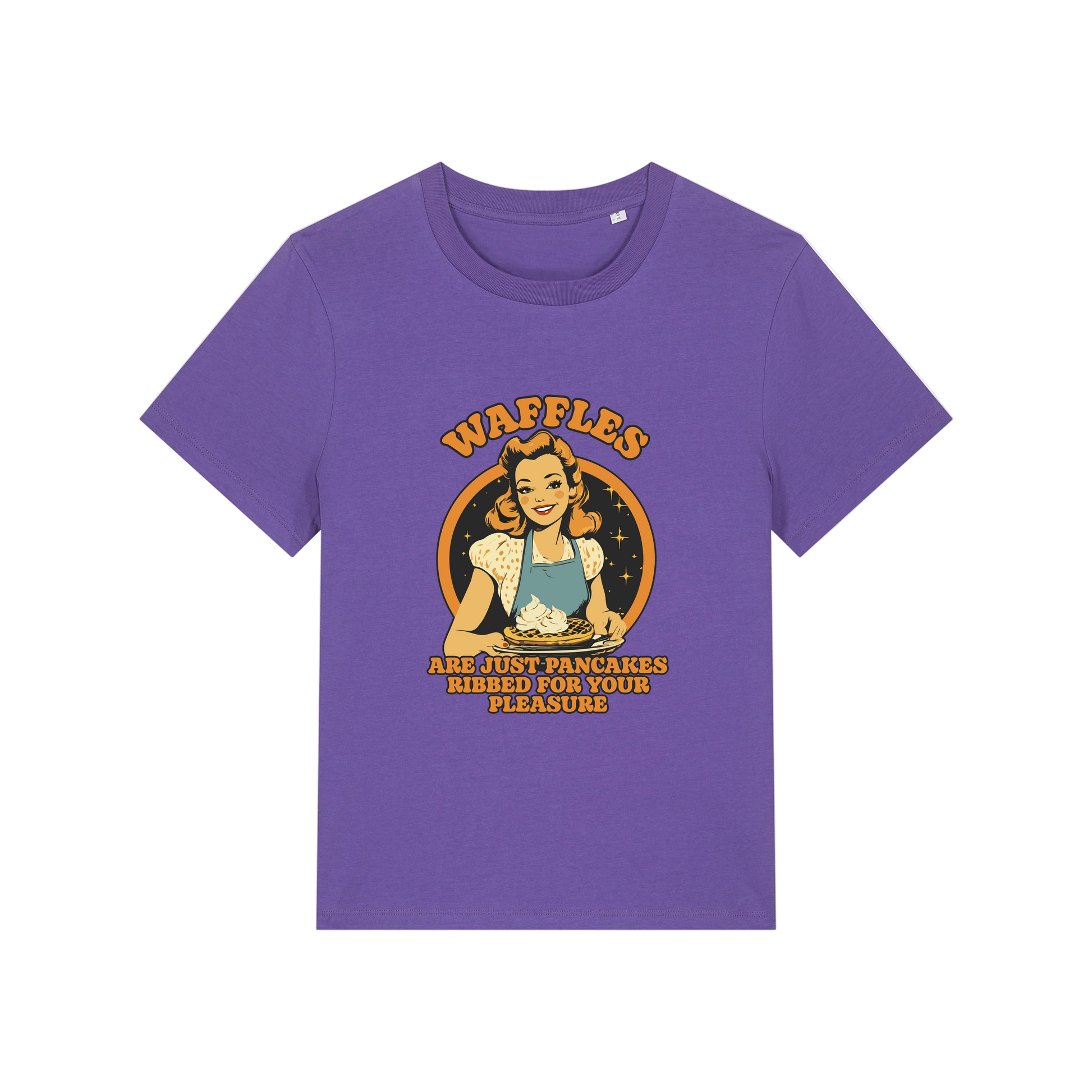 purple funny offensive t-shirt with the graphic of a retro housewife and the slogan 'waffles are just pancakes ribbed for your pleasure'