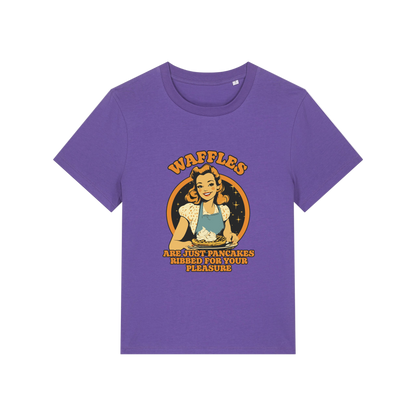 purple funny offensive t-shirt with the graphic of a retro housewife and the slogan 'waffles are just pancakes ribbed for your pleasure'