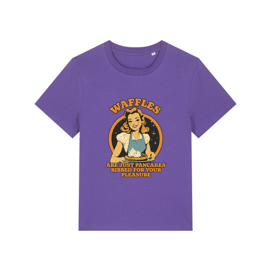 purple funny offensive t-shirt with the graphic of a retro housewife and the slogan 'waffles are just pancakes ribbed for your pleasure'