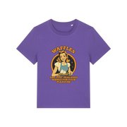 purple funny offensive t-shirt with the graphic of a retro housewife and the slogan 'waffles are just pancakes ribbed for your pleasure'