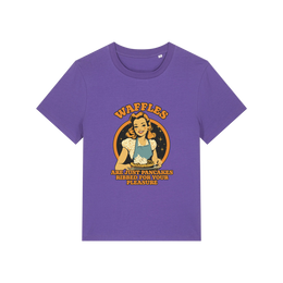 purple funny offensive t-shirt with the graphic of a retro housewife and the slogan 'waffles are just pancakes ribbed for your pleasure'
