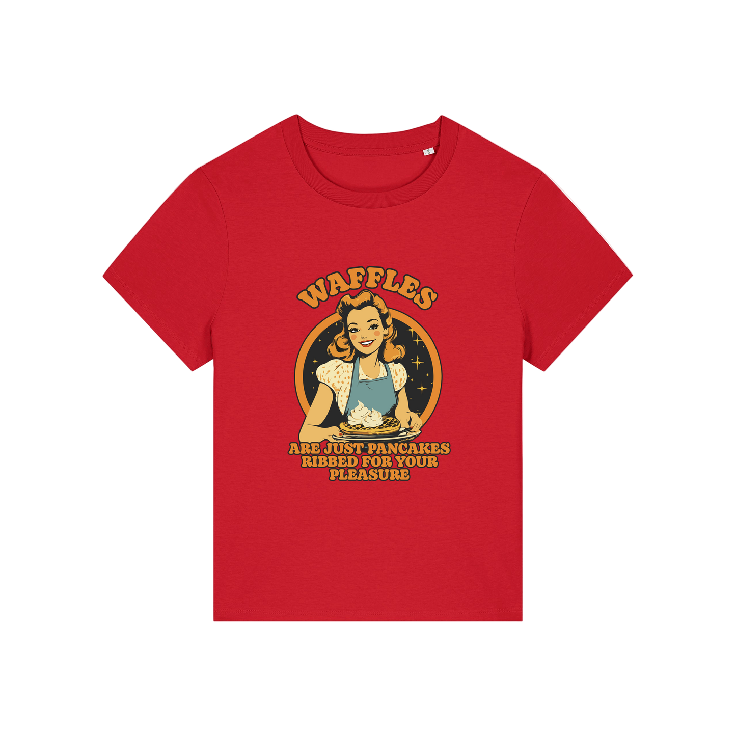 red funny offensive t-shirt with the graphic of a retro housewife and the slogan 'waffles are just pancakes ribbed for your pleasure'