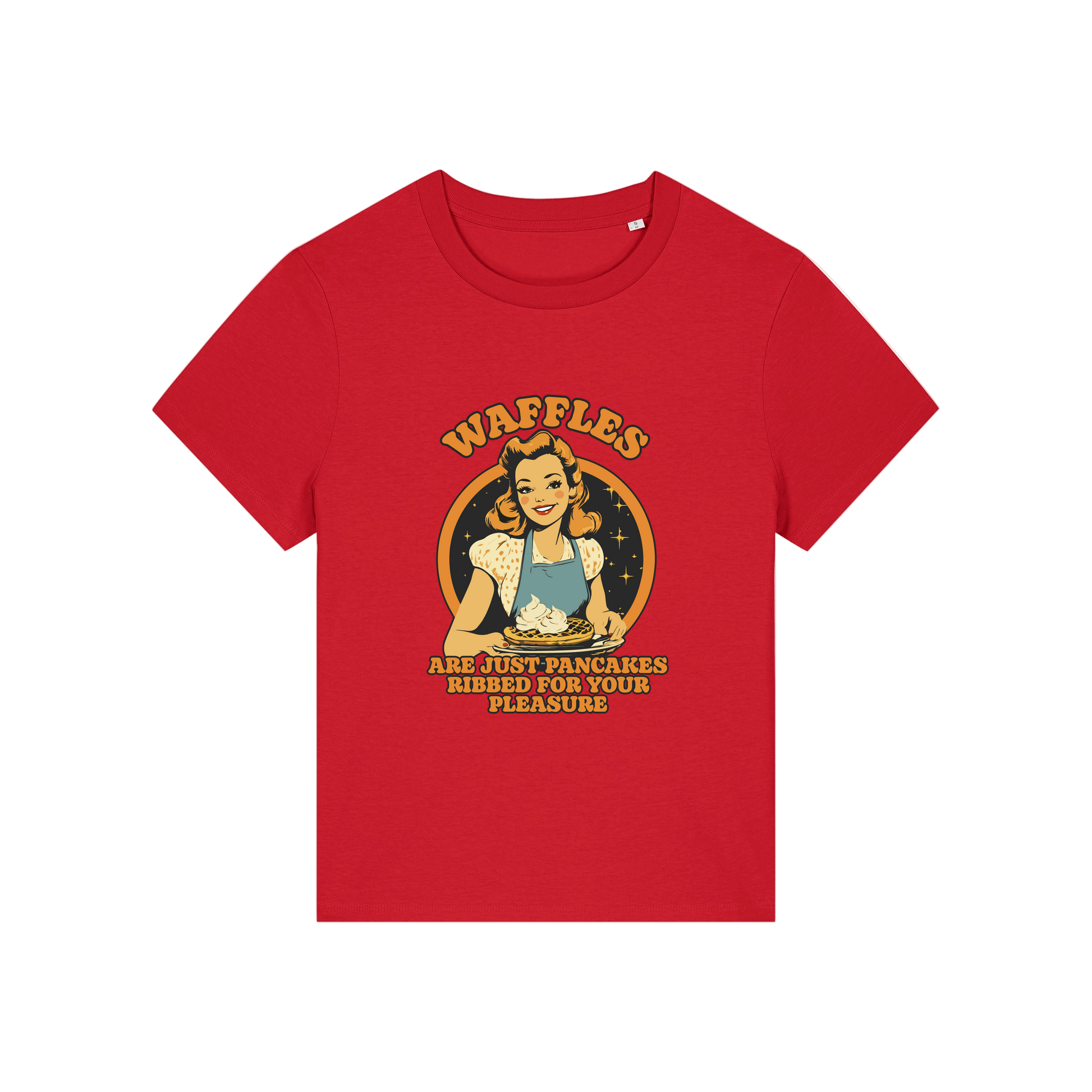 red funny offensive t-shirt with the graphic of a retro housewife and the slogan 'waffles are just pancakes ribbed for your pleasure'