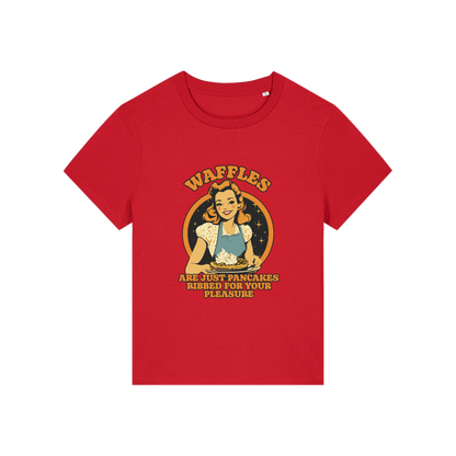 red funny offensive t-shirt with the graphic of a retro housewife and the slogan 'waffles are just pancakes ribbed for your pleasure'