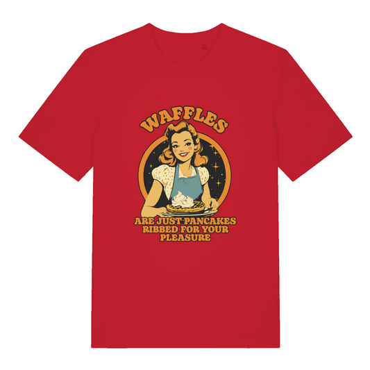 red women's funny offensive t-shirt with a graphic of a woman making waffles and the slogan 'waffles are just pancakes ribbed for your pleasure'