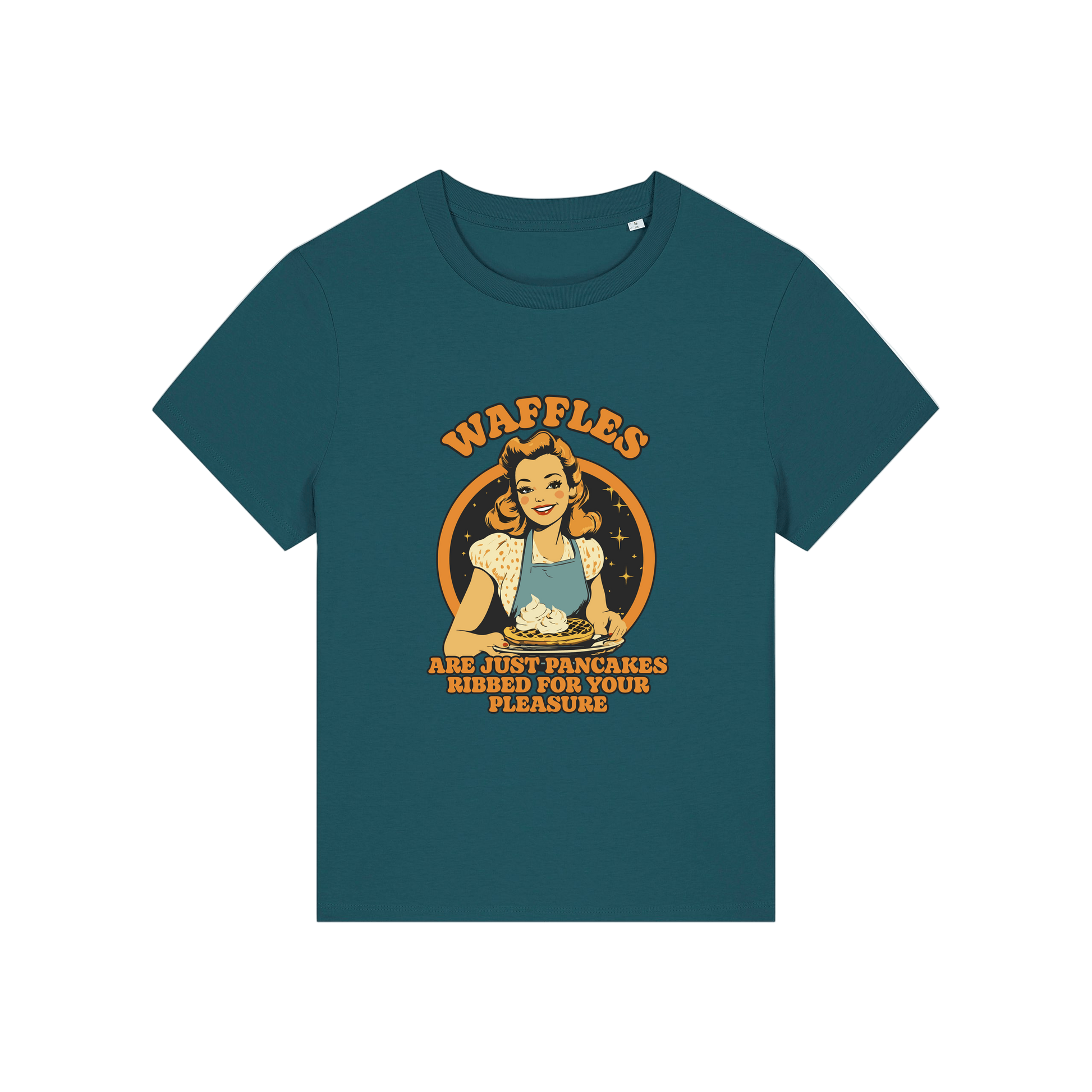 teal funny offensive t-shirt with the graphic of a retro housewife and the slogan 'waffles are just pancakes ribbed for your pleasure'