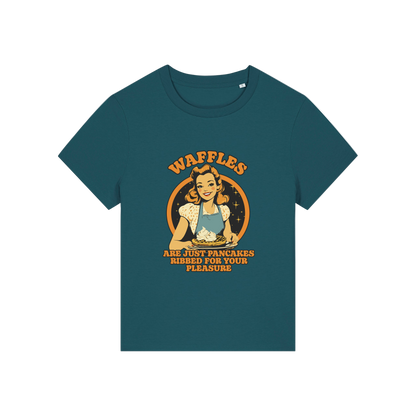 teal funny offensive t-shirt with the graphic of a retro housewife and the slogan 'waffles are just pancakes ribbed for your pleasure'
