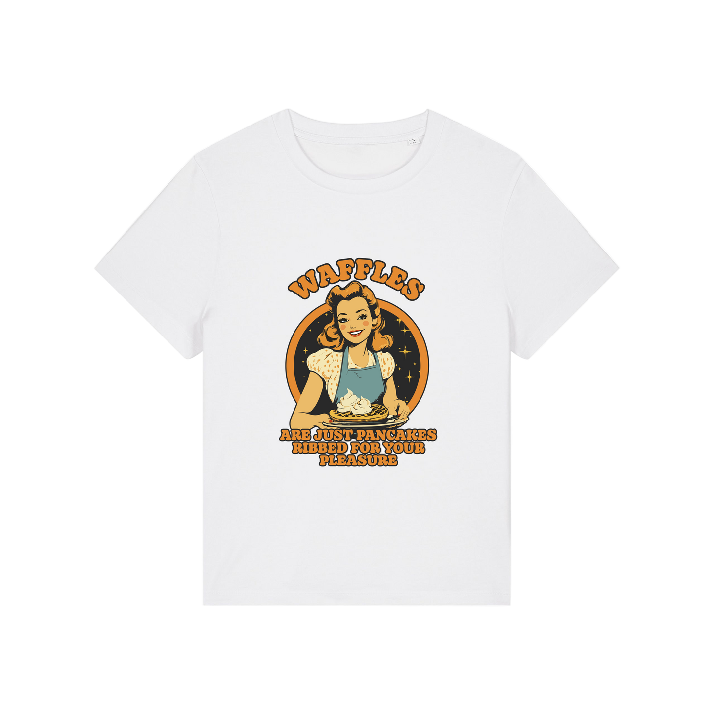 white funny offensive t-shirt with the graphic of a retro housewife and the slogan 'waffles are just pancakes ribbed for your pleasure'