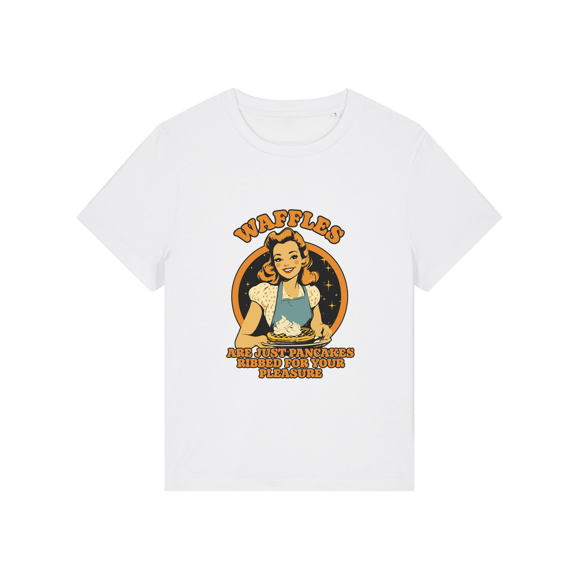 white funny offensive t-shirt with the graphic of a retro housewife and the slogan 'waffles are just pancakes ribbed for your pleasure'