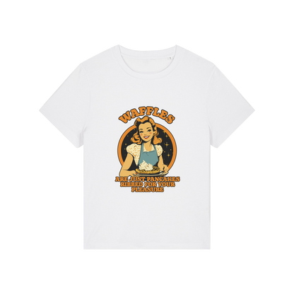 white funny offensive t-shirt with the graphic of a retro housewife and the slogan 'waffles are just pancakes ribbed for your pleasure'