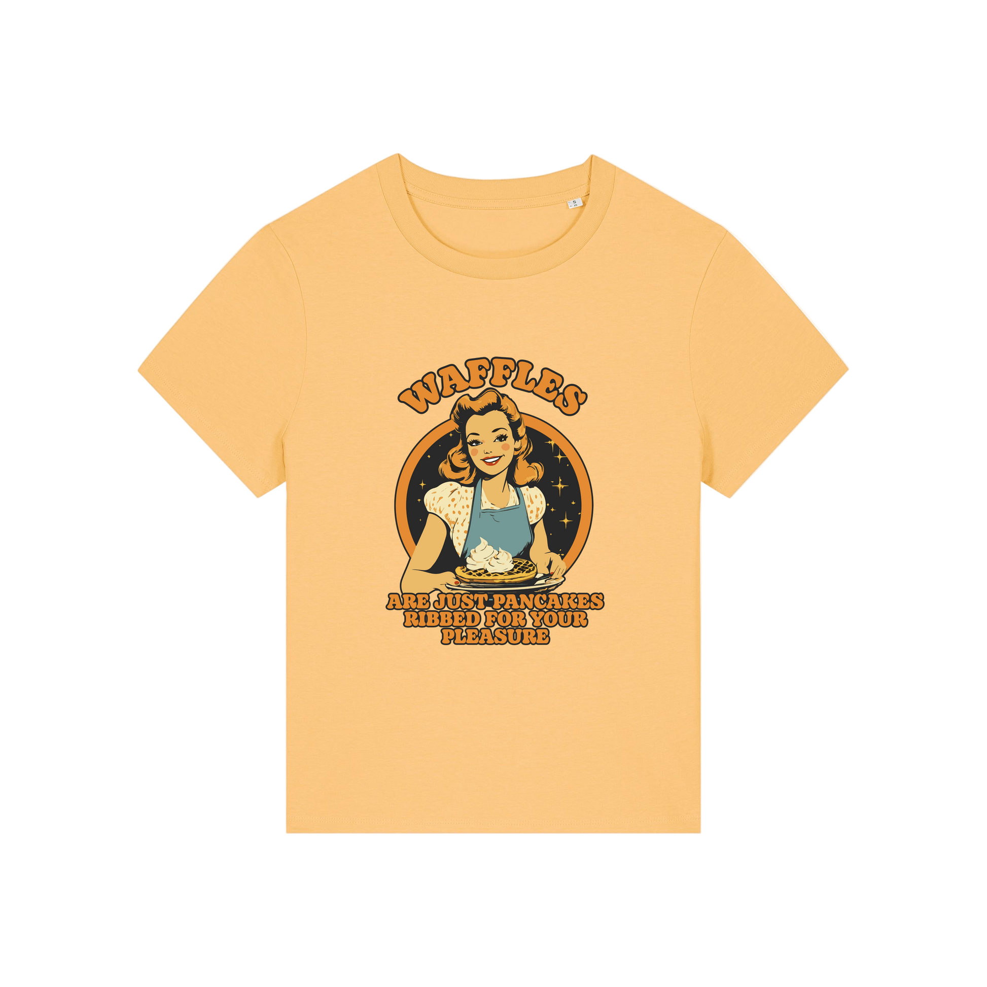 yellow funny offensive t-shirt with the graphic of a retro housewife and the slogan 'waffles are just pancakes ribbed for your pleasure'