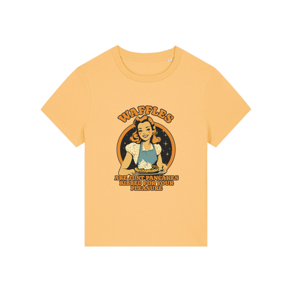 yellow funny offensive t-shirt with the graphic of a retro housewife and the slogan 'waffles are just pancakes ribbed for your pleasure'
