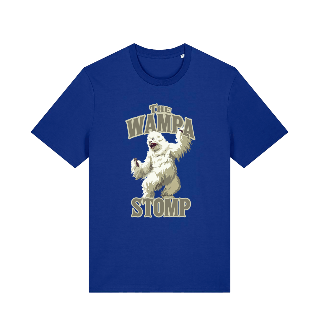 blue geek t-shirt with the graphic of a wampa and the slogan 'the wampa stomp'