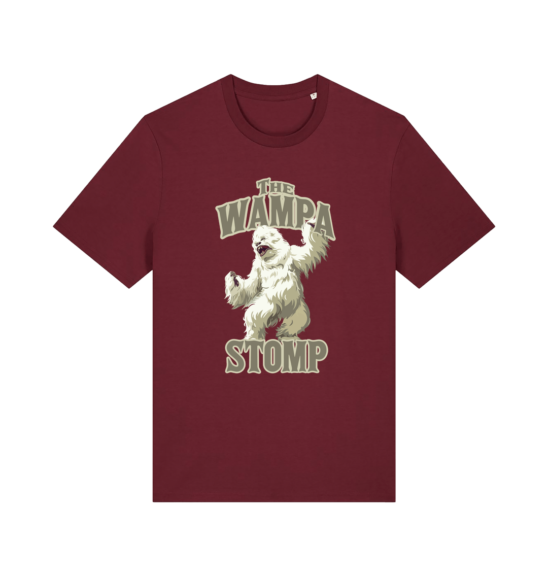 burgundy geek t-shirt with the graphic of a wampa and the slogan 'the wampa stomp'