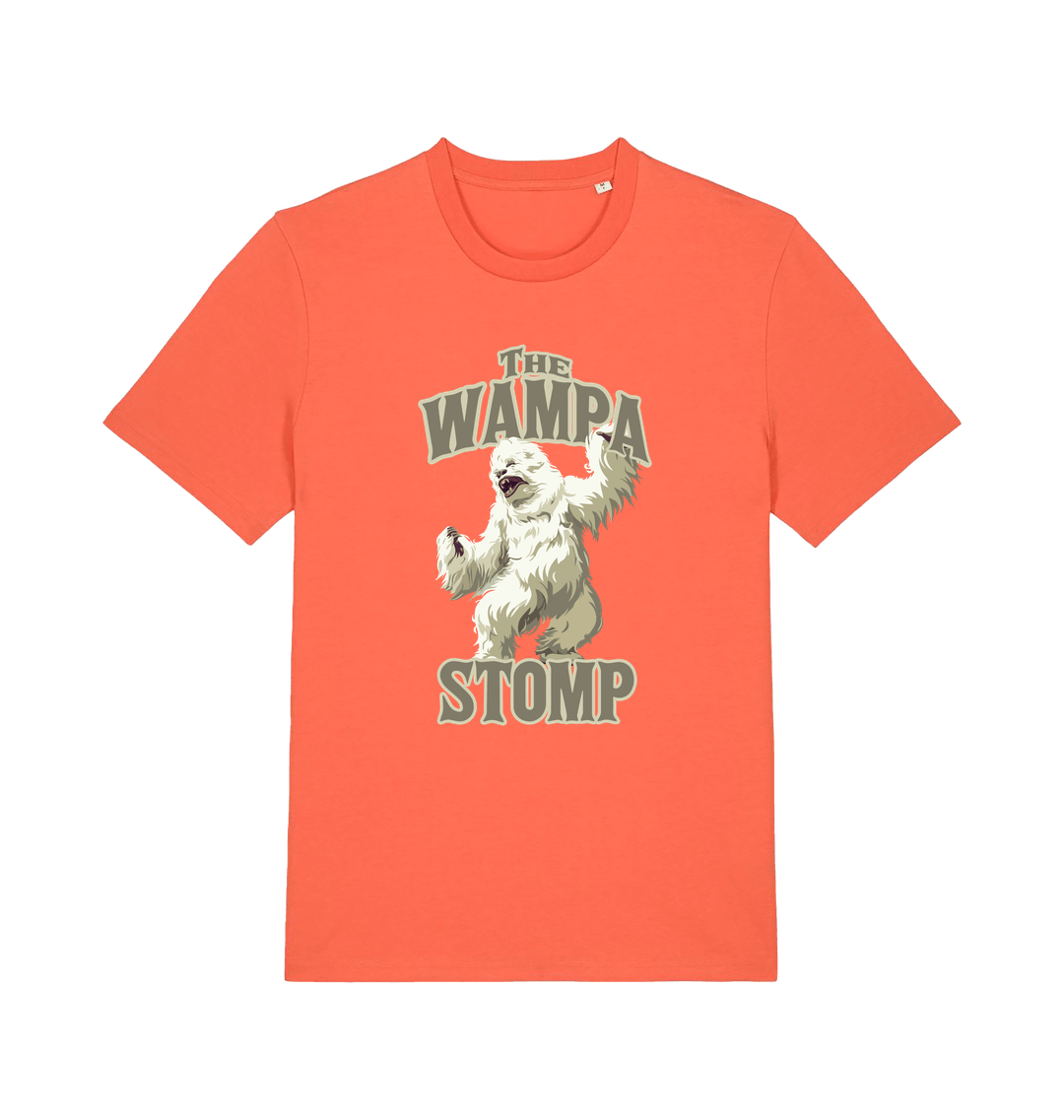 orange geek t-shirt with the graphic of a wampa and the slogan 'the wampa stomp'