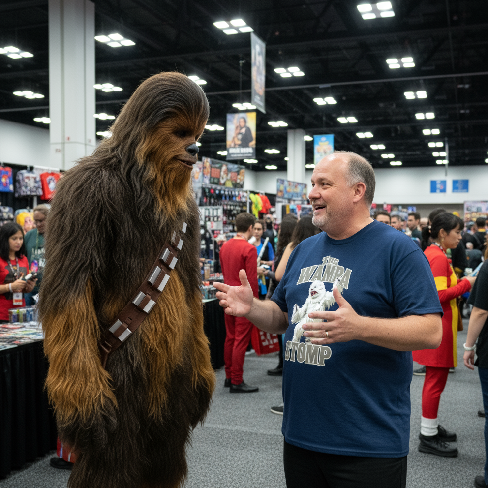 Person in Chewbacca costume interacting with a man at a convention.