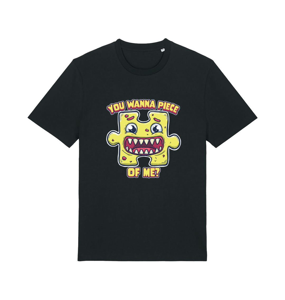 black funny t-shirt with the graphic of a cartoon jigsaw piece and the slogan 'wanna piece of me'