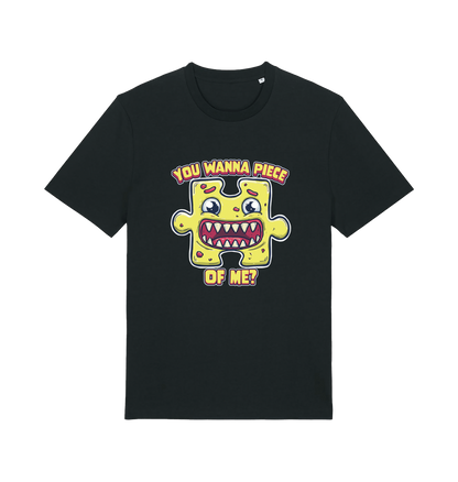 black funny t-shirt with the graphic of a cartoon jigsaw piece and the slogan 'wanna piece of me'