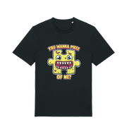 black funny t-shirt with the graphic of a cartoon jigsaw piece and the slogan 'wanna piece of me'