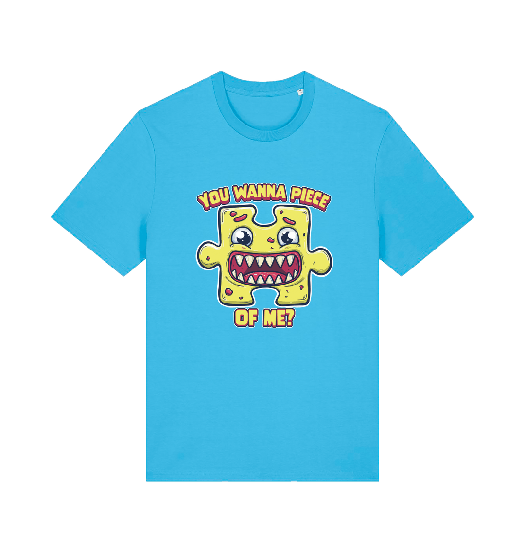blue funny t-shirt with the graphic of a cartoon jigsaw piece and the slogan 'wanna piece of me'