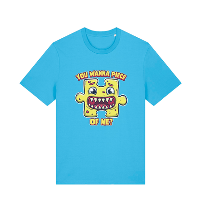 blue funny t-shirt with the graphic of a cartoon jigsaw piece and the slogan 'wanna piece of me'