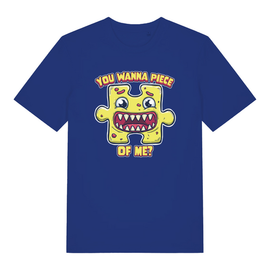 blue graphic t-shirt with a cartoon jigsaw piece and the slogan 'you wanna piece'