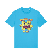 blue funny t-shirt with the graphic of a cartoon jigsaw piece and the slogan 'wanna piece of me'