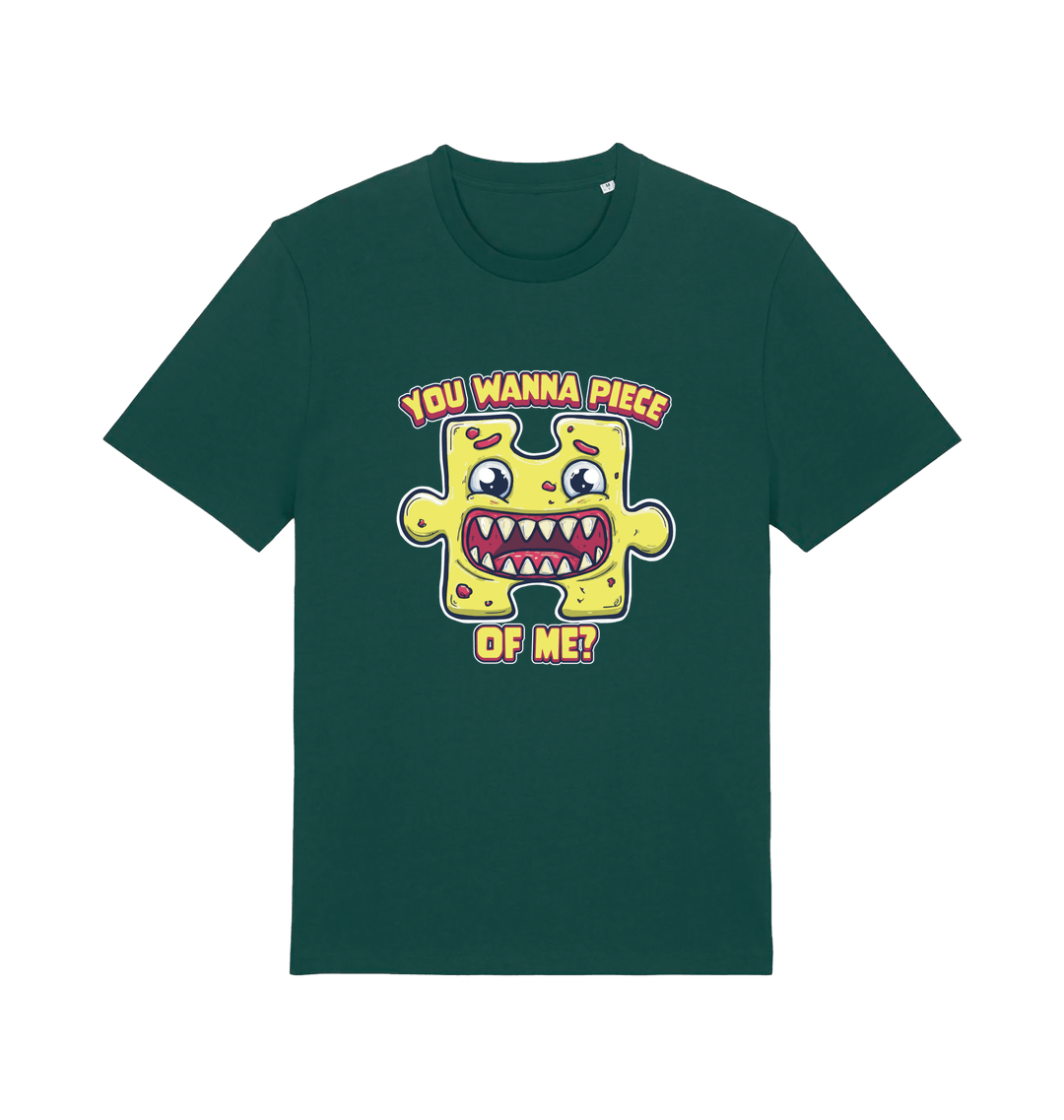 green funny t-shirt with the graphic of a cartoon jigsaw piece and the slogan 'wanna piece of me'