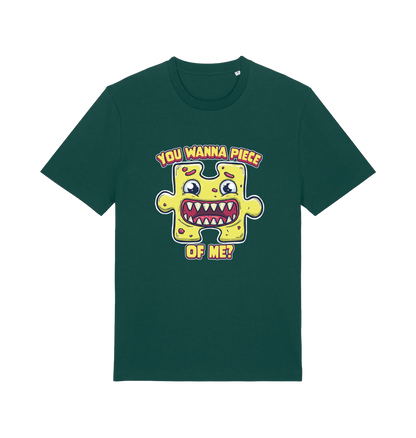 green funny t-shirt with the graphic of a cartoon jigsaw piece and the slogan 'wanna piece of me'