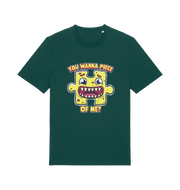green funny t-shirt with the graphic of a cartoon jigsaw piece and the slogan 'wanna piece of me'