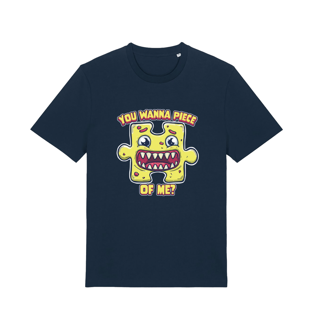 navy funny t-shirt with the graphic of a cartoon jigsaw piece and the slogan 'wanna piece of me'