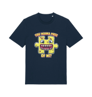 navy funny t-shirt with the graphic of a cartoon jigsaw piece and the slogan 'wanna piece of me'