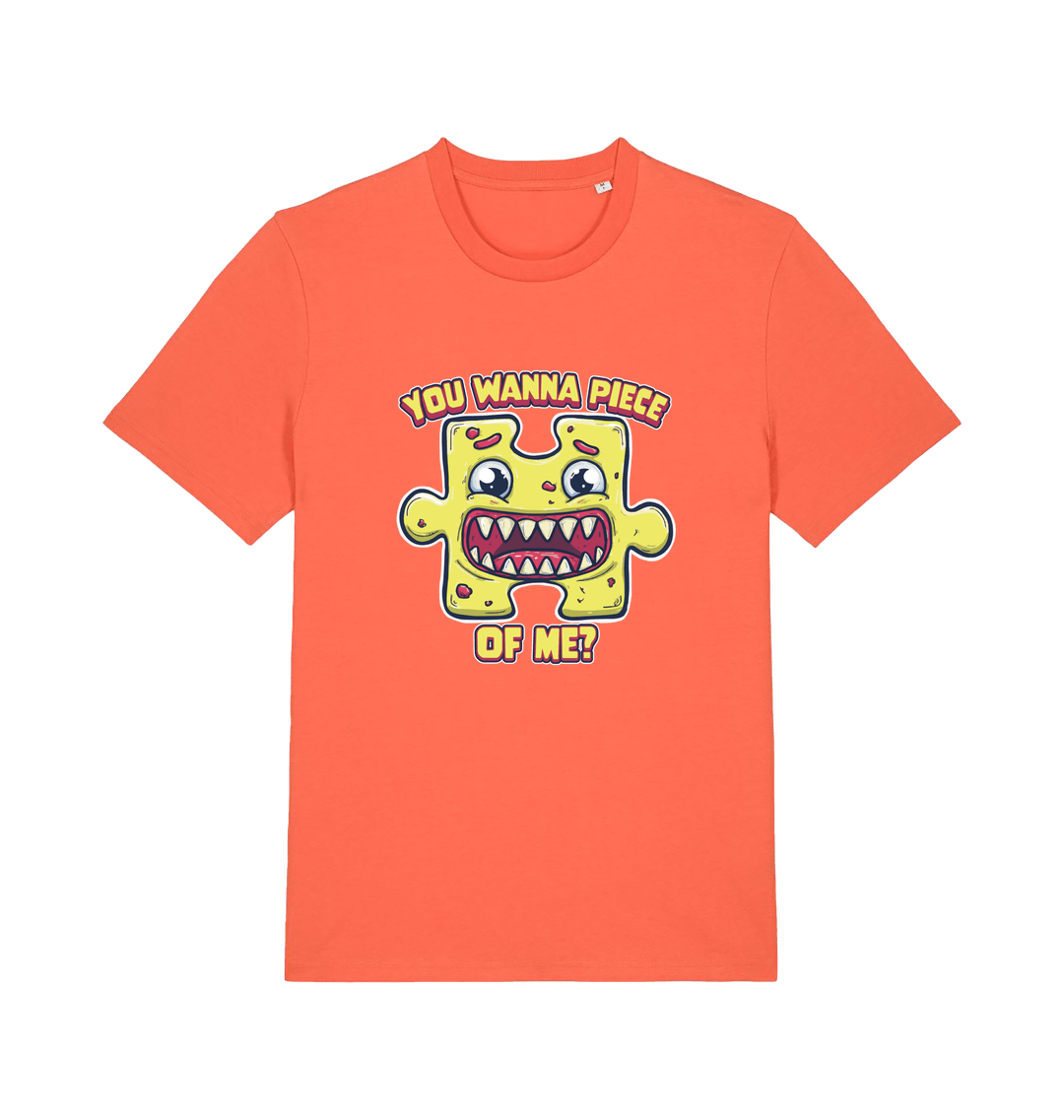 orange funny t-shirt with the graphic of a cartoon jigsaw piece and the slogan 'wanna piece of me'