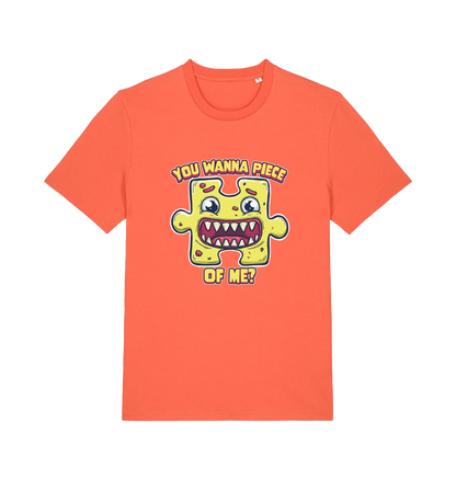 orange funny t-shirt with the graphic of a cartoon jigsaw piece and the slogan 'wanna piece of me'