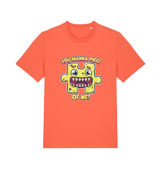 orange funny t-shirt with the graphic of a cartoon jigsaw piece and the slogan 'wanna piece of me'