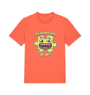 orange funny t-shirt with the graphic of a cartoon jigsaw piece and the slogan 'wanna piece of me'
