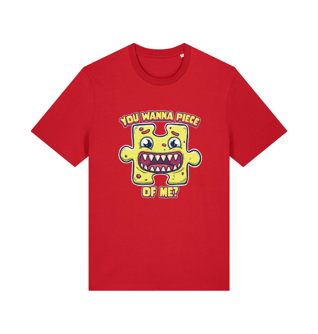 red funny t-shirt with the graphic of a cartoon jigsaw piece and the slogan 'wanna piece of me'