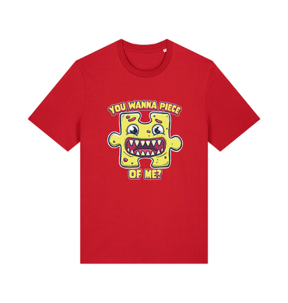 red funny t-shirt with the graphic of a cartoon jigsaw piece and the slogan 'wanna piece of me'